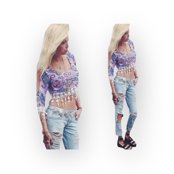 new Millau ꧁ Cold Shoulder Lace Fringe Festival Crop Top ꧁ Multicolor Print ꧂ XS - Picture 2 of 16